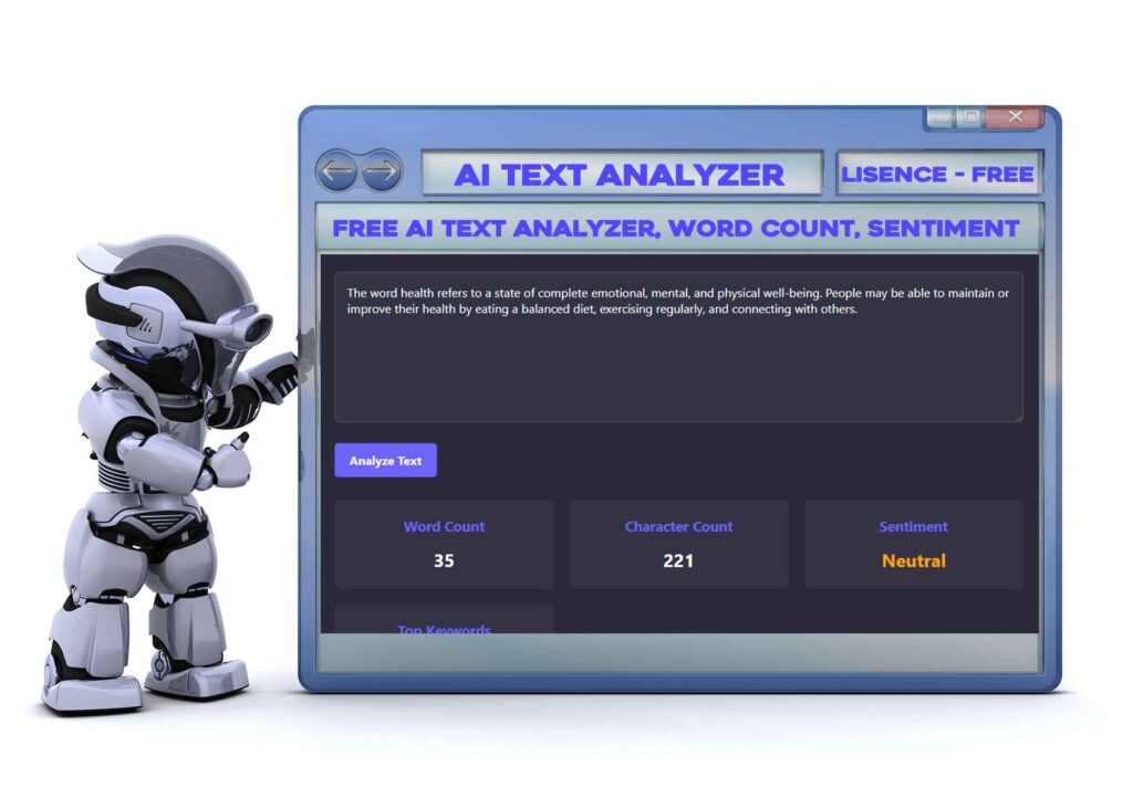 AI Text Analyzer tool interface showing word count and sentiment analysis results